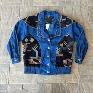 Geometric Patterned Denim Jacket with Studs